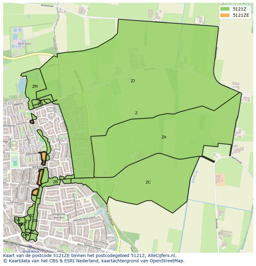 Afbeelding van het postcodegebied 5121 ZE op de kaart.