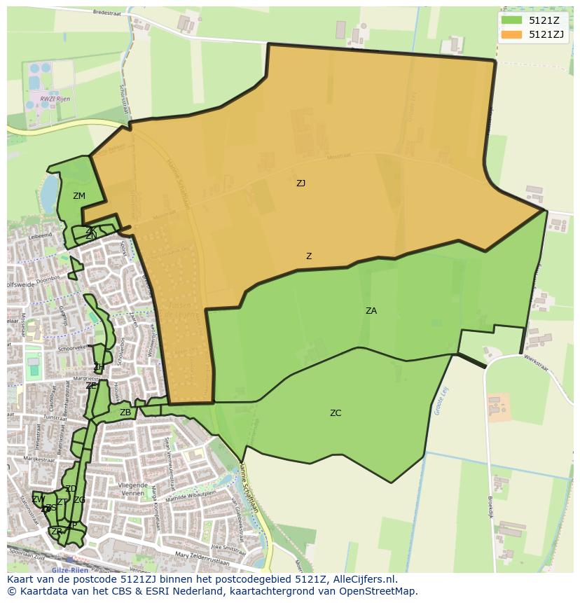 Afbeelding van het postcodegebied 5121 ZJ op de kaart.