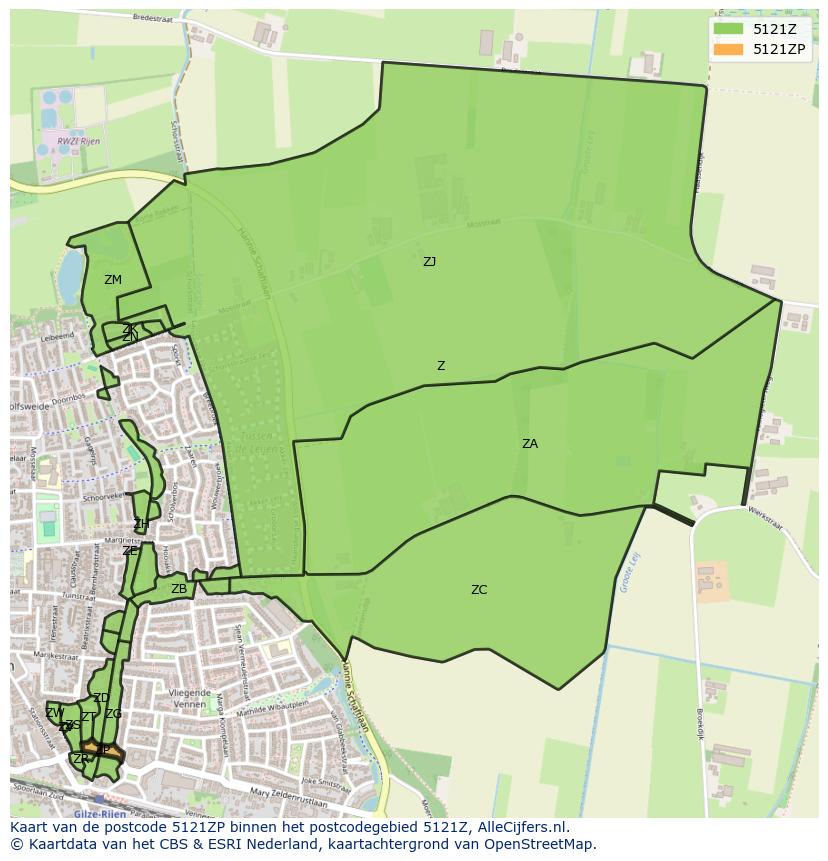Afbeelding van het postcodegebied 5121 ZP op de kaart.