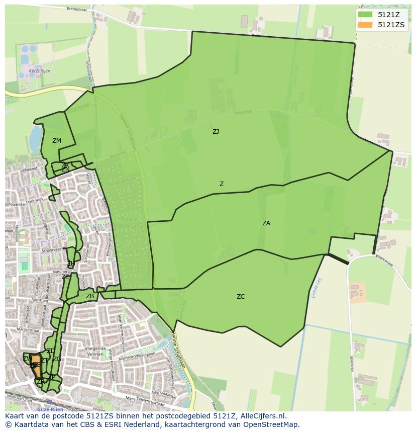 Afbeelding van het postcodegebied 5121 ZS op de kaart.