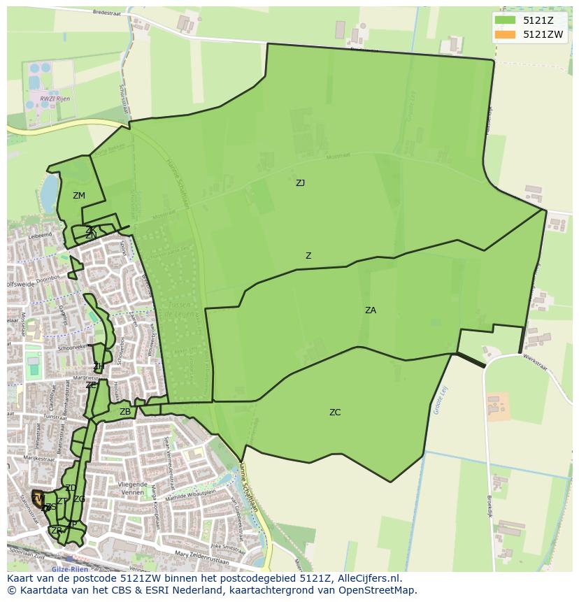 Afbeelding van het postcodegebied 5121 ZW op de kaart.