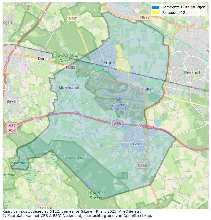 Afbeelding van het postcodegebied 5122 op de kaart.