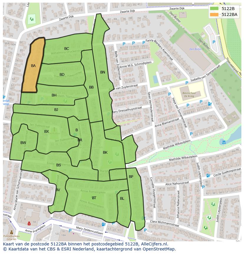Afbeelding van het postcodegebied 5122 BA op de kaart.