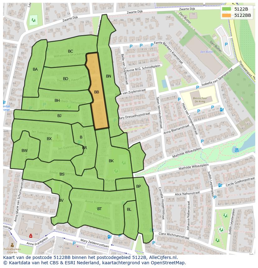 Afbeelding van het postcodegebied 5122 BB op de kaart.