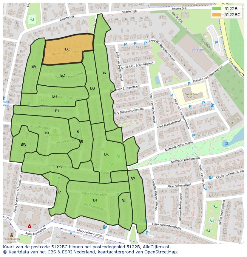 Afbeelding van het postcodegebied 5122 BC op de kaart.