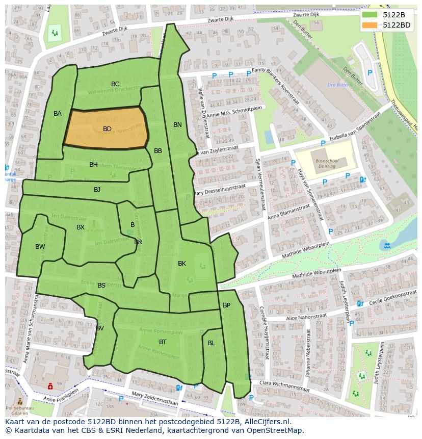 Afbeelding van het postcodegebied 5122 BD op de kaart.