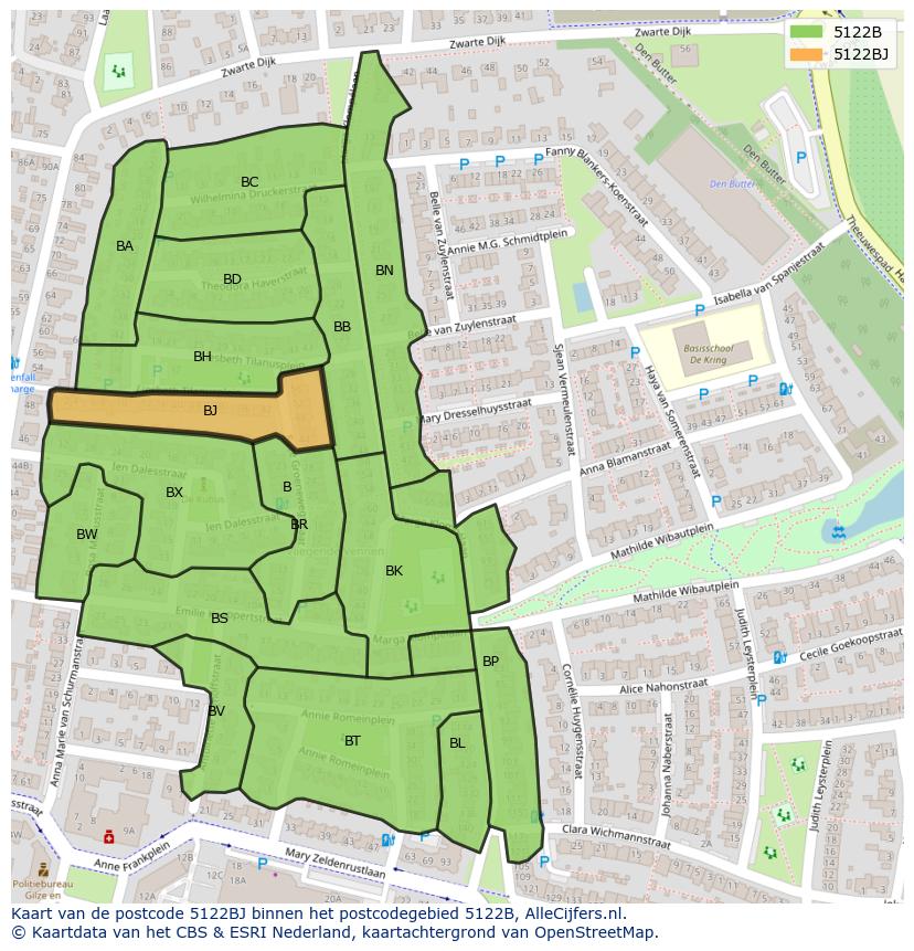 Afbeelding van het postcodegebied 5122 BJ op de kaart.