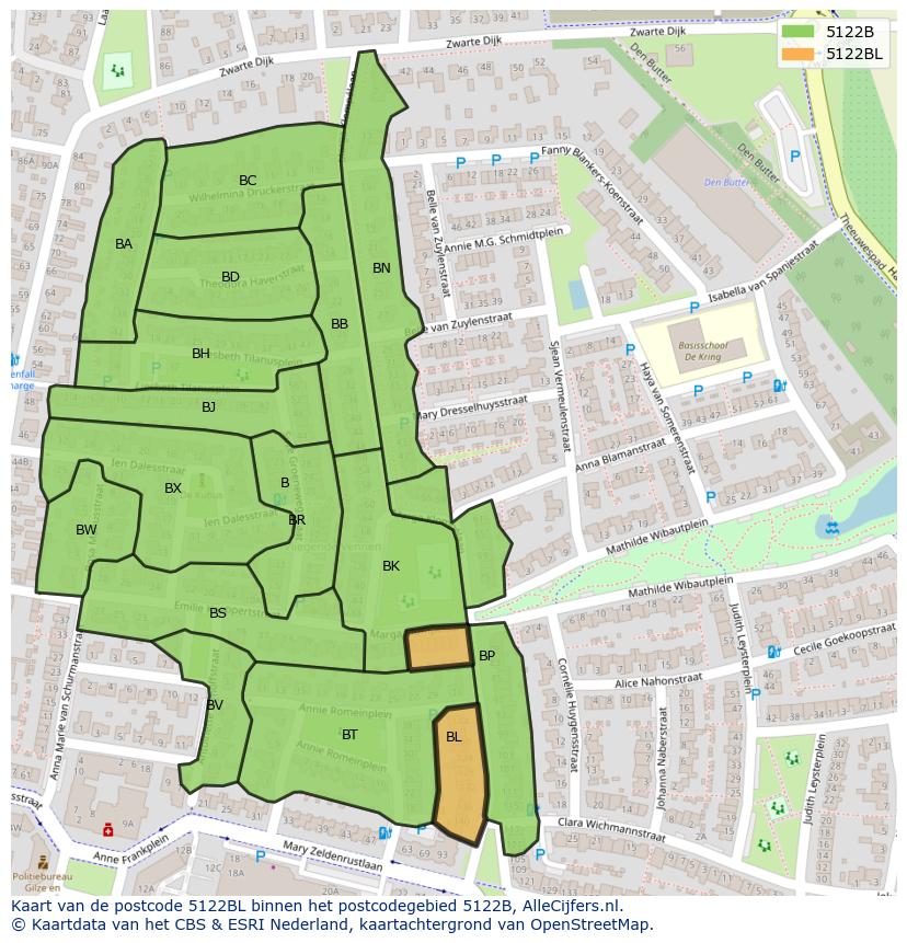 Afbeelding van het postcodegebied 5122 BL op de kaart.