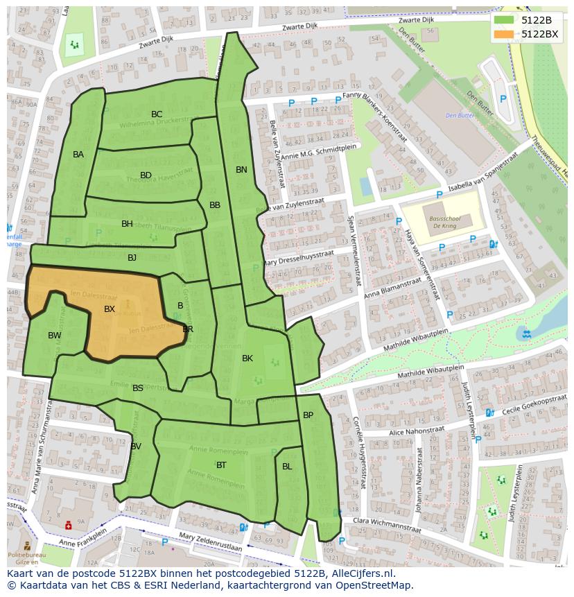 Afbeelding van het postcodegebied 5122 BX op de kaart.