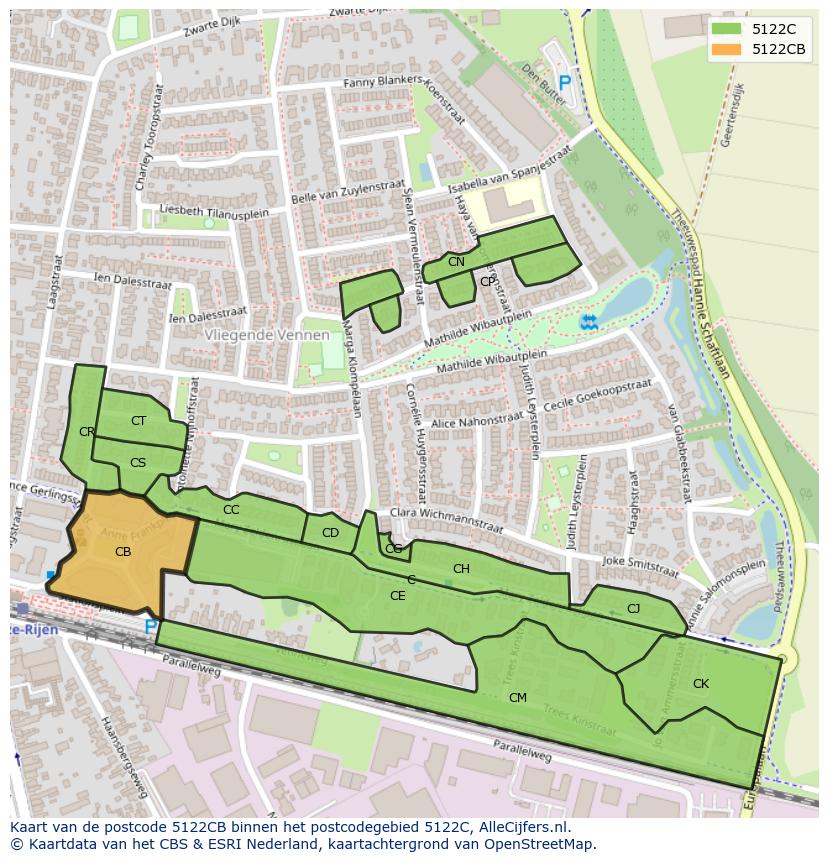 Afbeelding van het postcodegebied 5122 CB op de kaart.