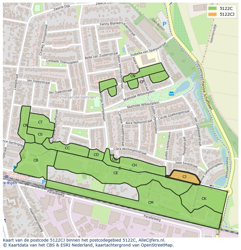 Afbeelding van het postcodegebied 5122 CJ op de kaart.