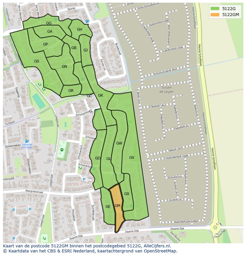 Afbeelding van het postcodegebied 5122 GM op de kaart.