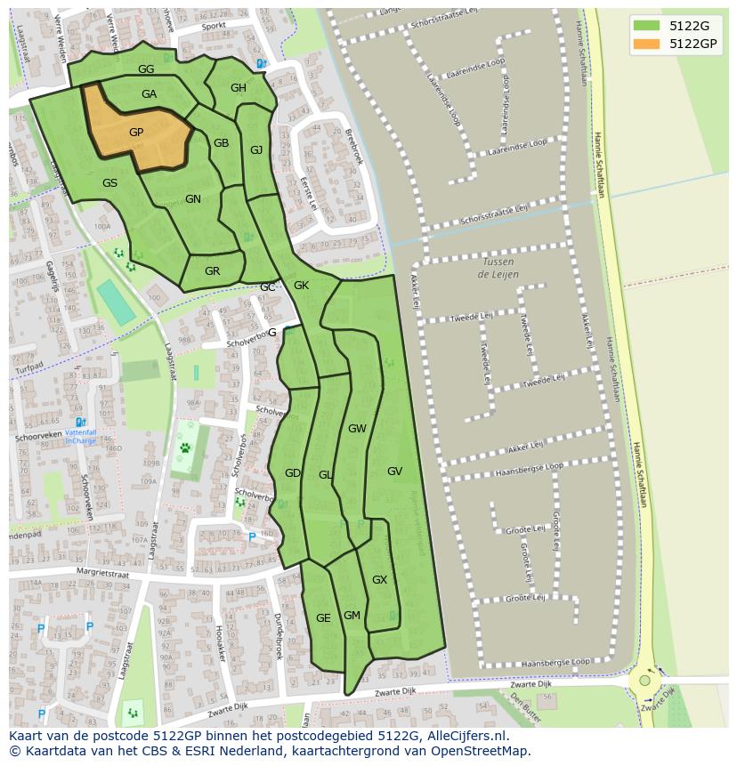 Afbeelding van het postcodegebied 5122 GP op de kaart.