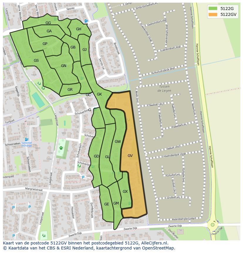 Afbeelding van het postcodegebied 5122 GV op de kaart.