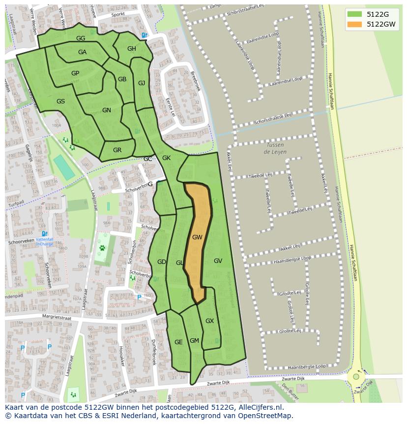 Afbeelding van het postcodegebied 5122 GW op de kaart.