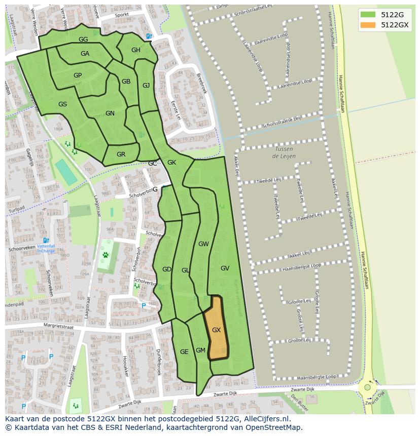 Afbeelding van het postcodegebied 5122 GX op de kaart.
