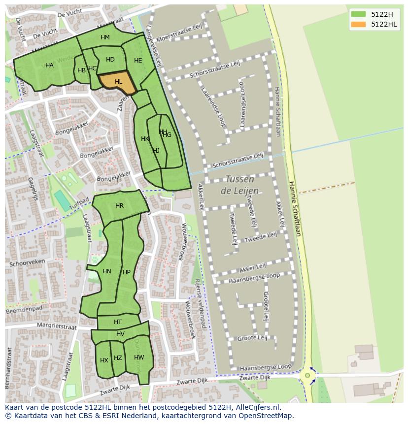 Afbeelding van het postcodegebied 5122 HL op de kaart.