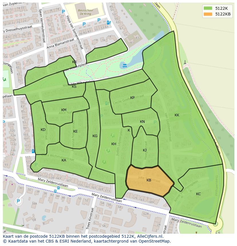 Afbeelding van het postcodegebied 5122 KB op de kaart.