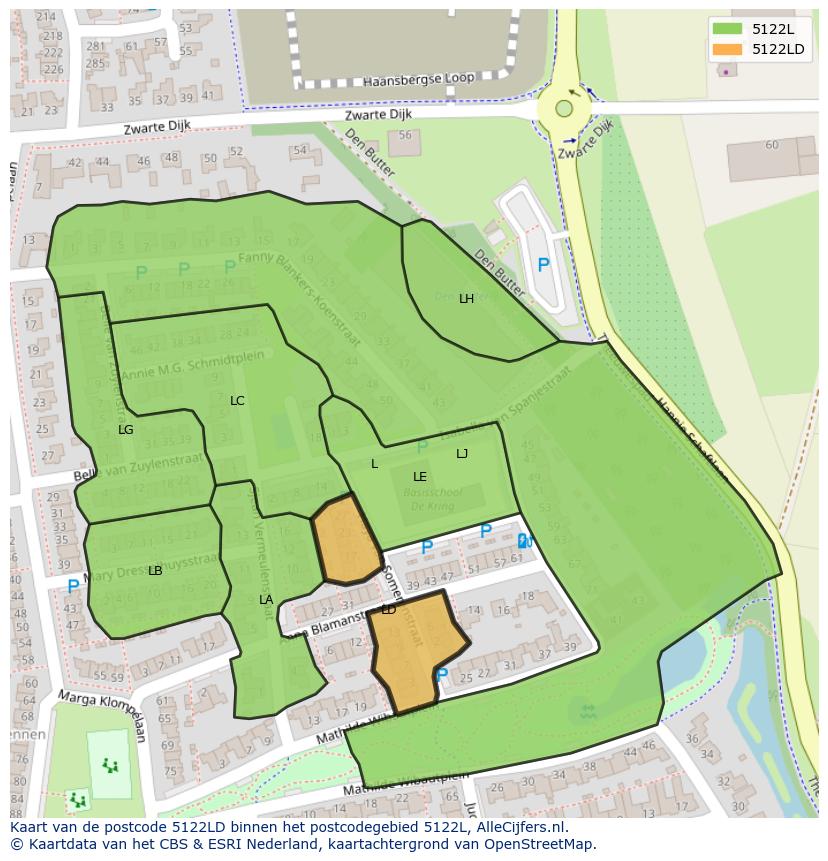 Afbeelding van het postcodegebied 5122 LD op de kaart.