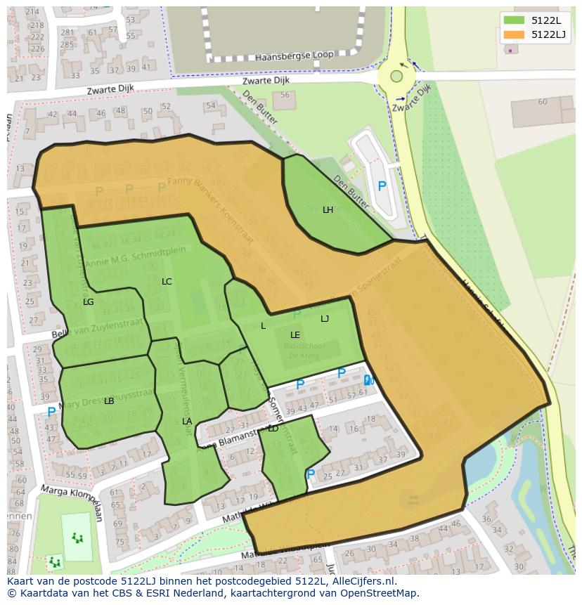 Afbeelding van het postcodegebied 5122 LJ op de kaart.