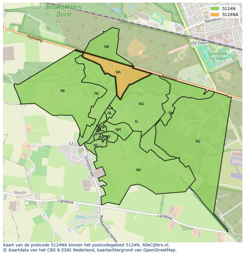 Afbeelding van het postcodegebied 5124 NA op de kaart.