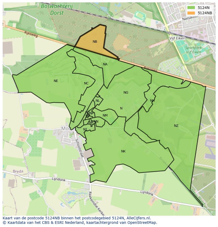 Afbeelding van het postcodegebied 5124 NB op de kaart.