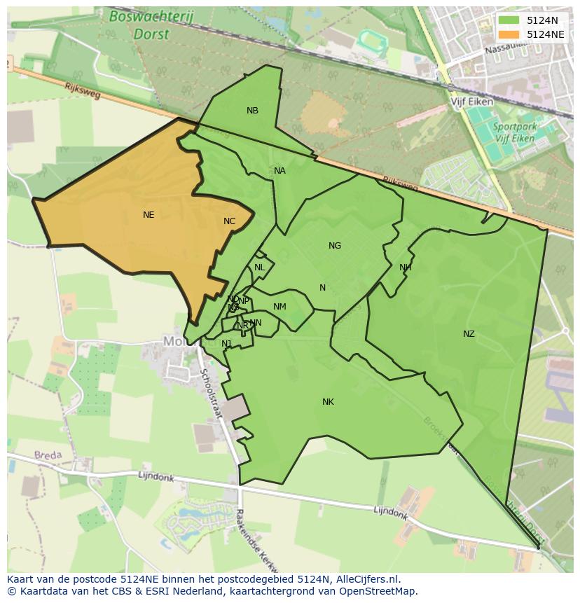 Afbeelding van het postcodegebied 5124 NE op de kaart.