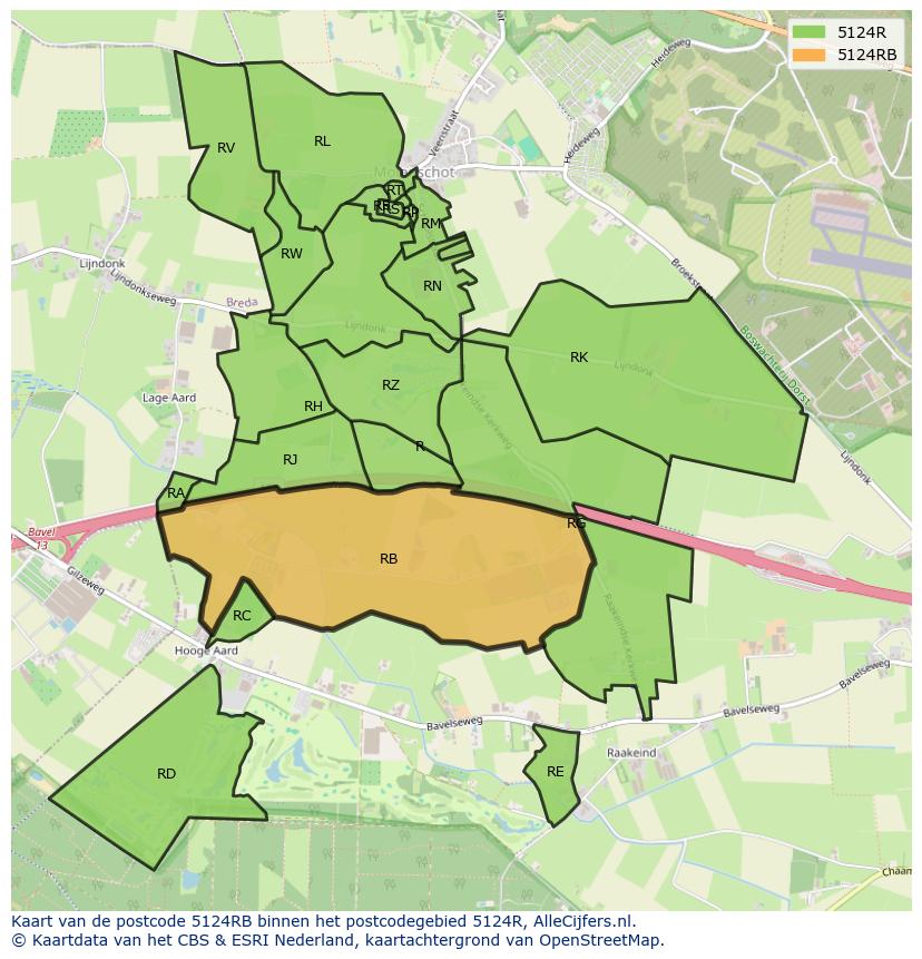 Afbeelding van het postcodegebied 5124 RB op de kaart.