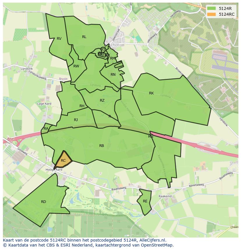 Afbeelding van het postcodegebied 5124 RC op de kaart.