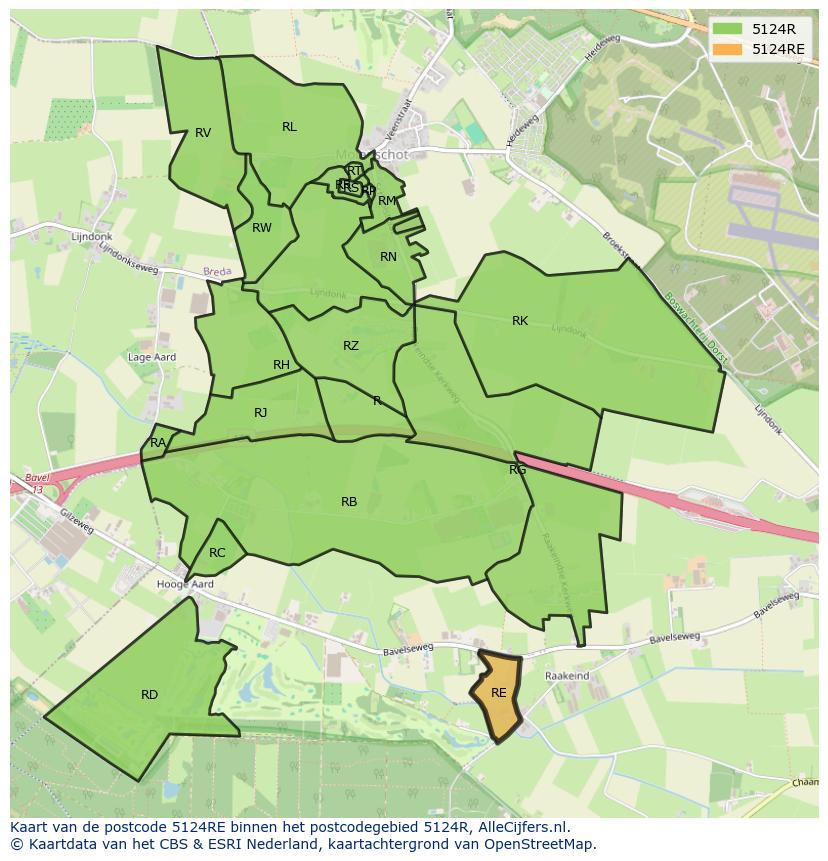 Afbeelding van het postcodegebied 5124 RE op de kaart.