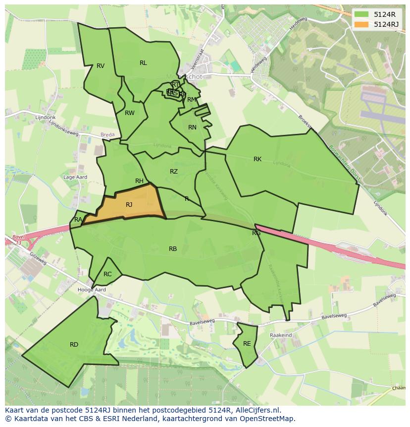 Afbeelding van het postcodegebied 5124 RJ op de kaart.