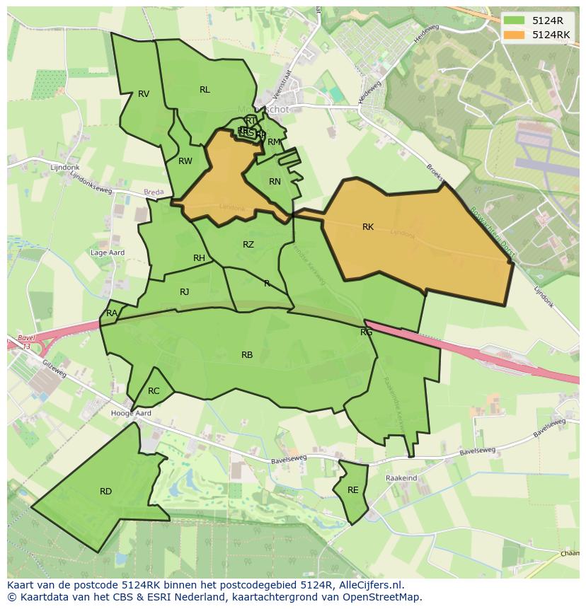 Afbeelding van het postcodegebied 5124 RK op de kaart.