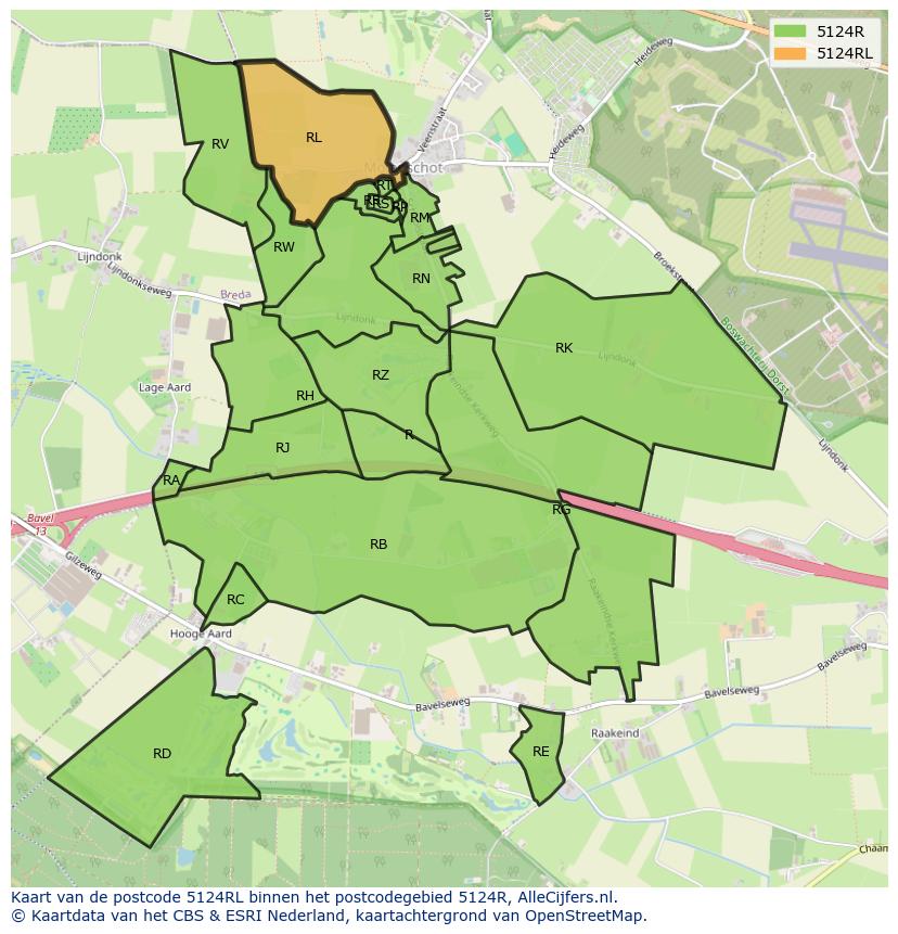 Afbeelding van het postcodegebied 5124 RL op de kaart.