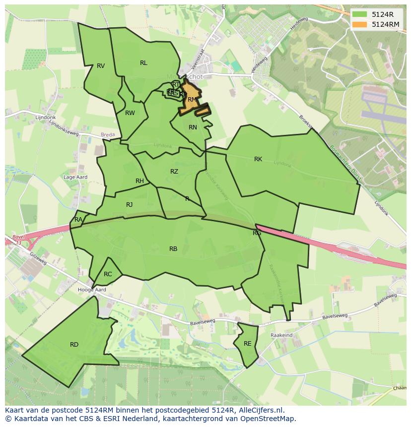 Afbeelding van het postcodegebied 5124 RM op de kaart.