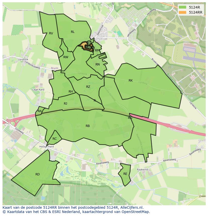 Afbeelding van het postcodegebied 5124 RR op de kaart.