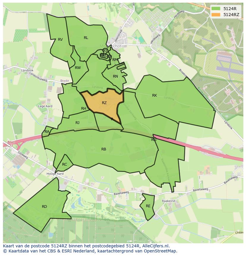 Afbeelding van het postcodegebied 5124 RZ op de kaart.