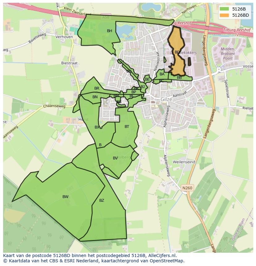Afbeelding van het postcodegebied 5126 BD op de kaart.