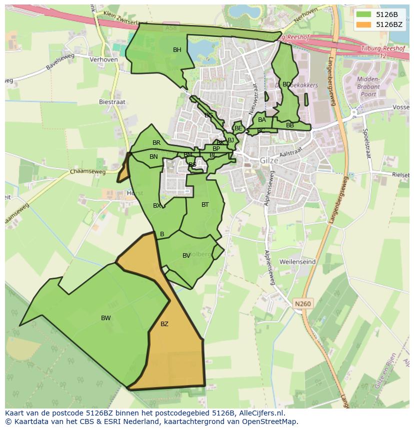 Afbeelding van het postcodegebied 5126 BZ op de kaart.