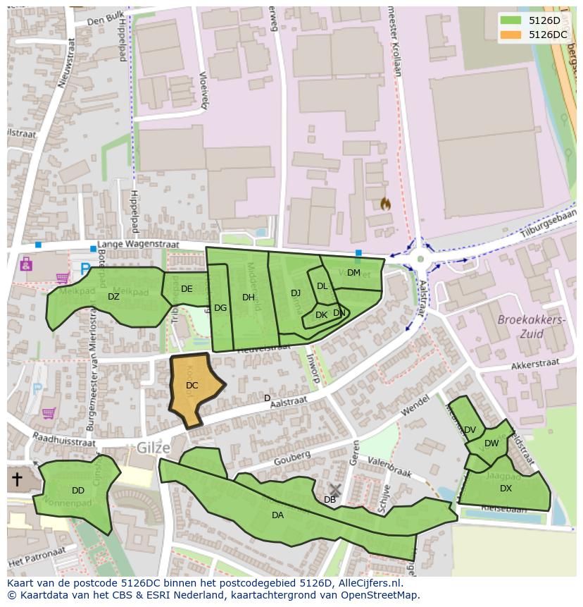 Afbeelding van het postcodegebied 5126 DC op de kaart.