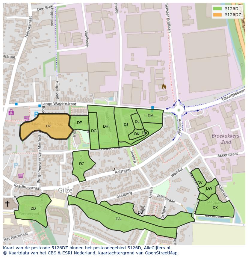 Afbeelding van het postcodegebied 5126 DZ op de kaart.