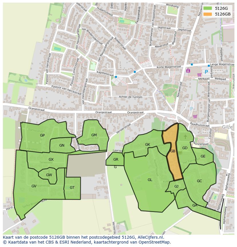 Afbeelding van het postcodegebied 5126 GB op de kaart.