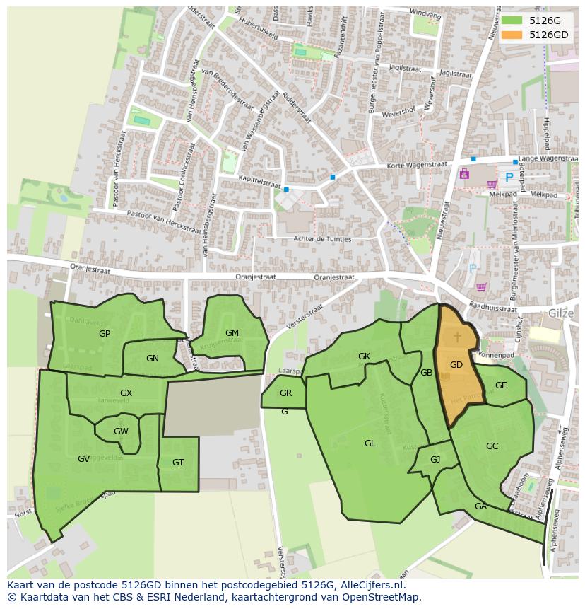 Afbeelding van het postcodegebied 5126 GD op de kaart.