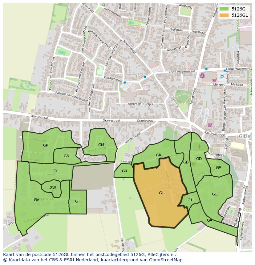 Afbeelding van het postcodegebied 5126 GL op de kaart.