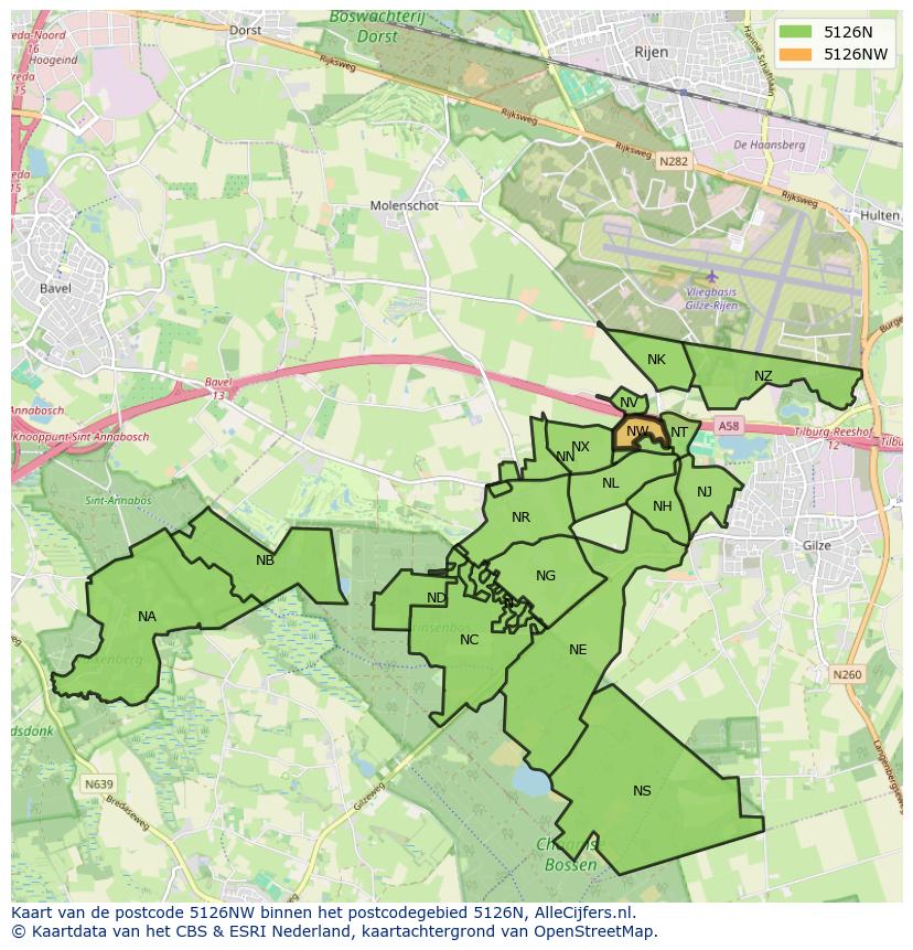 Afbeelding van het postcodegebied 5126 NW op de kaart.