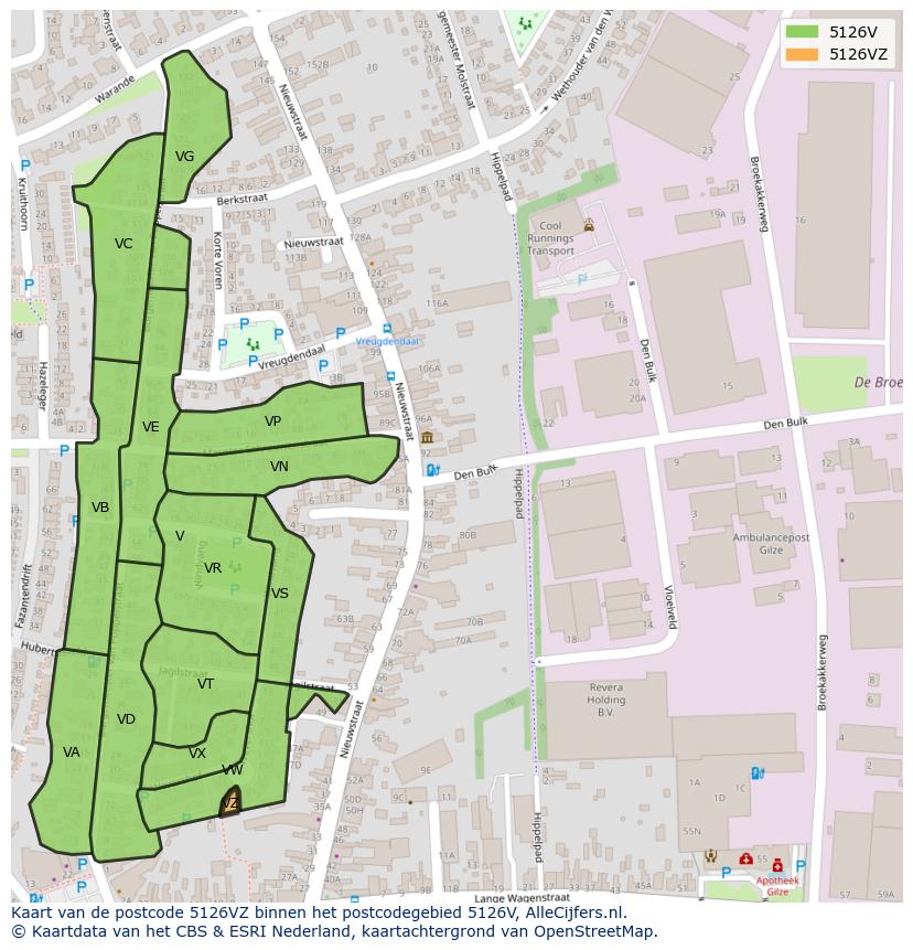 Afbeelding van het postcodegebied 5126 VZ op de kaart.