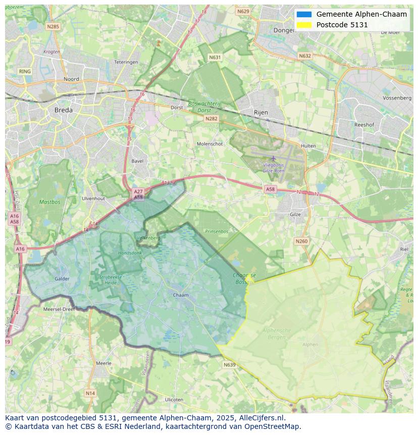 Afbeelding van het postcodegebied 5131 op de kaart.