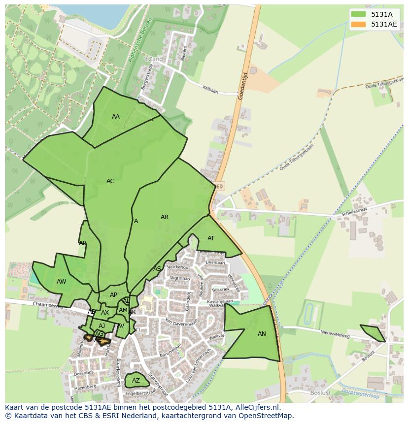 Afbeelding van het postcodegebied 5131 AE op de kaart.