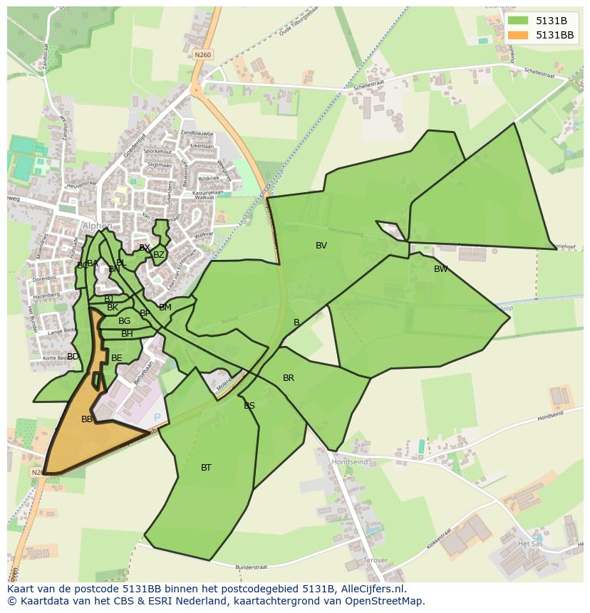 Afbeelding van het postcodegebied 5131 BB op de kaart.