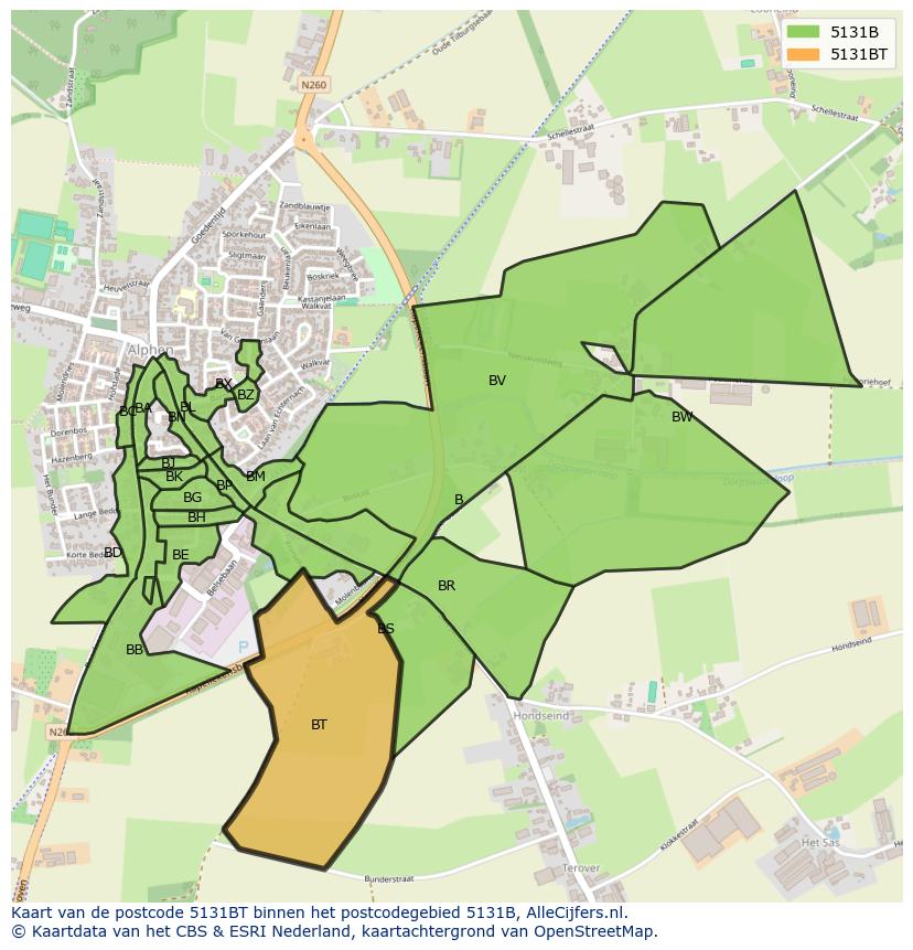 Afbeelding van het postcodegebied 5131 BT op de kaart.