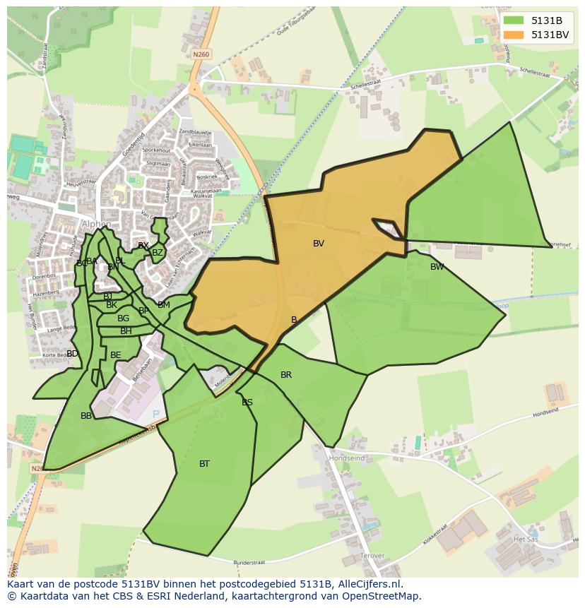 Afbeelding van het postcodegebied 5131 BV op de kaart.